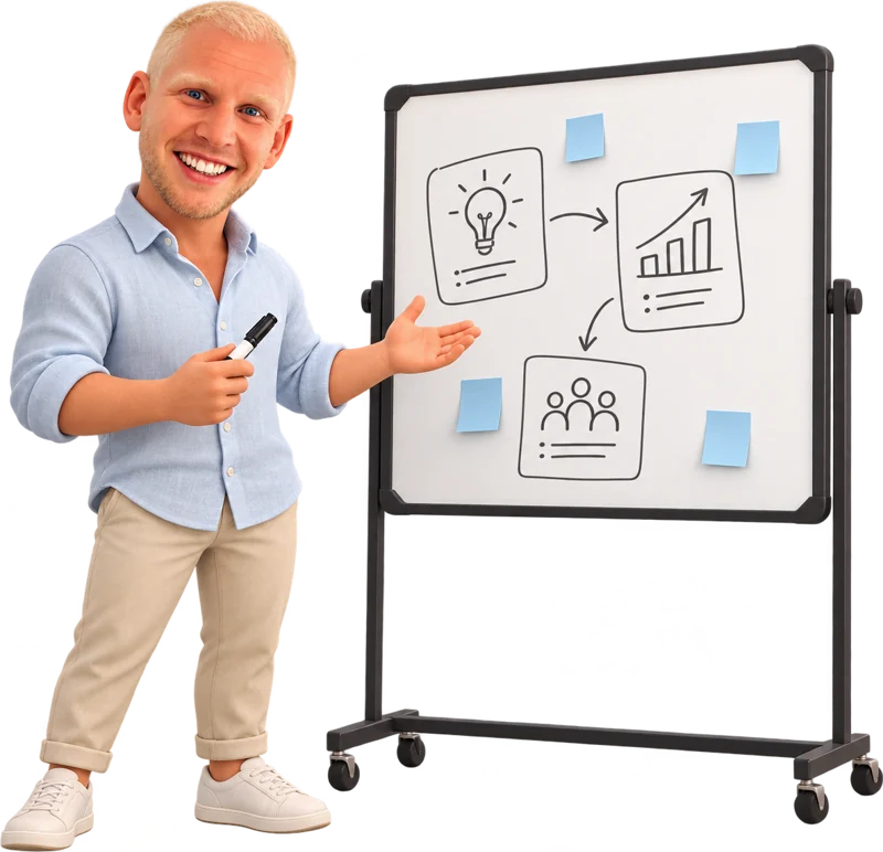 René am Whiteboard: Idee, Wachstum, Team